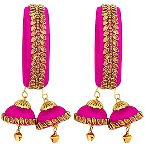 Peora Rani Pink Silk Thread Floral With Design Dangling Jhumki Chuda Chura Bangle Set for Women Girls