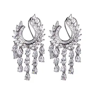 Ratnavali Jewels Fashion Jewellery Silver Plated Sparkling White Long Dangle & Drop Earrings Women/Girls