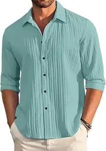 FINIVO FASHION Men's Casual Cotton Plain Button Down Shirt Long Sleeve Textured Summer Beach Shirt for Men