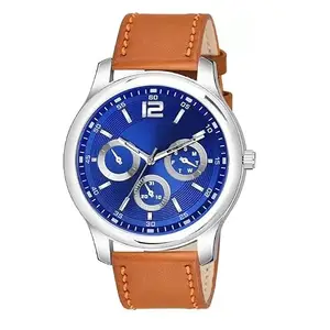 Men's Analog Watch with Blue Dial, Brown Leather Strap, Silver Case, Multi-Function Display