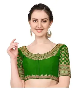 Women's Silk Embroidery Coding Round Neck Short Sleeve Readymade Blouse (Green, Free Size)-PID57747