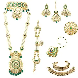 Sattyaki Traditional Rajasthani Heavy Bridal Dulhan Jewellery Set Choker Necklace, Raani Haar, Earrings and Maangtikka, Peacock Nath, Mathapatti with Borla, Ring & Payal For Women &Girls