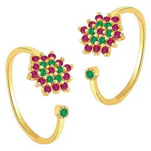 Peora Gold Plated Rani Pink Green Cubic Zirconia Studded Stylish Toe Ring Adjustable Bichiya Fashion Jewellery Gift for Women|Rakhi Rakshabandhan Gift for Sister Bhabhi, Gifts for Women