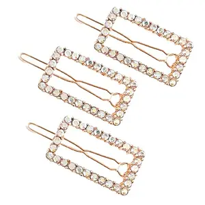 DealFry Korean Fashion Rhinestone Crystal Clear Hair Clips for Women & Girl, rectangle shape Snap Barrettes Handmade studded diamond hairpin Headwear Accessories Styling Tool for Party Wedding (3 Pcs)