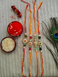 Pack of 4 Stylish Rakhi Combo for Bhaiya Bhabhi & Girls – Festival Gift with Roli Chawal & Free Thread