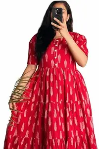 Women's Rayon A-Line Midi Dress and Kurta, Floral Print, Short Sleeves, Round Neck, Tiered Design, Summer Wear