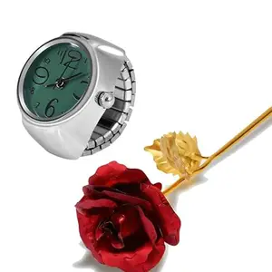 Fashion Frill Valentine Gift For Girlfriend Watch Design Rings For Women Stylish Green Silver Stretchable Ring For Girls Women With Golden Flower Love Gifts