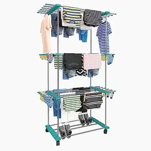 TNT The Next Trend Trixy Cloth Drying Stand, Indoor/Outdoor Standing Movable Cloth Dryer Rack with Wheels (3 Layer)(Stainless Steel)