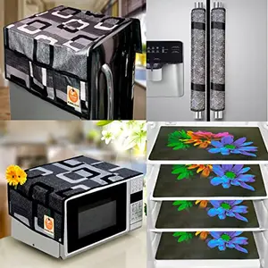 KANUSHI Industries®Fridge/Refrigerator Cove + 1 Pc Microwave Cover + 2 Pc Handle Cover + 4 pc Fridge Mats(FRI+Micro+2-HDL-Black-Box+M-24-04)