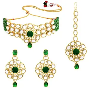 Peora Gold Plated Traditional Kundan Green Faux Pearl Choker Necklace Earrings and Maang Tikka Jewellery Set for Women & Girls
