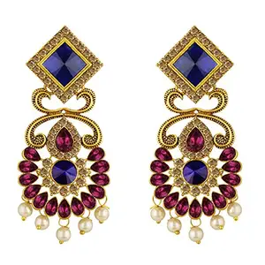 Spargz Gold Plated Antique Bridal Blue & Purple Ad Stone Chandelier Dangle & Drop Earrings For Women