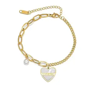 Jewels Galaxy Gold Plated Stainless Steel Anti Tarnish White Heart Themed Bracelet (MYN-BNG-16185)