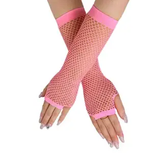 Alexvyan Long Extended Hand Sleeves Knitting coarse mesh fishnet elastic gloves long gloves half finger club etiquette gloves for Women and Girls (Pink)