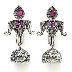 Karatcart Elephant Design Oxidised Silver Red Stone Flat Jhumki Earrings for Women