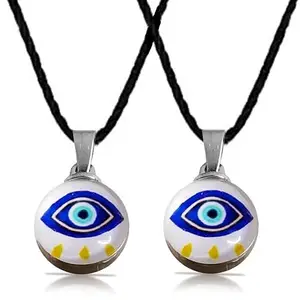 De-Autocare (Pack Of 2 Pcs JAR0609-02 Stylish Round Shape Dual Side Stone Moti Beads Blue Evil Eye Nazar Suraksha Kavach Locket Pendant Charm Necklace With Cotton Thread Dori