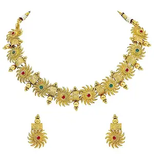 Peora Gold Plated Green & Pink Stone Studded Round Surya Chakra Necklace Choker with Earrings Traditional Jewellery Sets for Women’s Girls