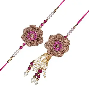 eCraftIndia Pink, Golden, and White Pearls Beautiful Floral Designer Bhaiya Bhabhi Rakhi Set with Roli Chawal Pack - Lumba Rakhi for Bhabhi, Sister