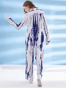 Women's Tie-Dye Loungewear Set, Blue and White Pattern, Long Sleeve Top with Wide-Leg Trousers (BLUE AND WHITE, XL)
