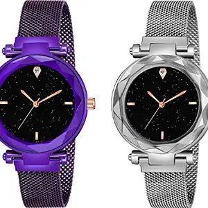 Acnos® Premium 4 Point Purple and SilverColor with Trending Magnetic Analogue Metal Strap Watches for Girl's and Women's Pack of - 2(P-190-220)