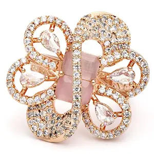 Karatcart Pink American Diamond Studded Rose Gold Plated Adjustable AD Ring for Women
