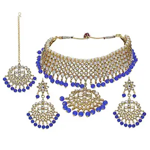 I Jewels 18K Gold Plated Traditional Kundan & Pearl Studded Choker Necklace Jewellery Set with Earrings & Maang Tikka For Women (K7058Bl)