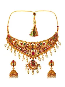 Alamod The dwelling of Trend Alamod Peacock Brass Gold Plated Synthetic Stone & Pearl Choker Necklace Set For Women TNS_201