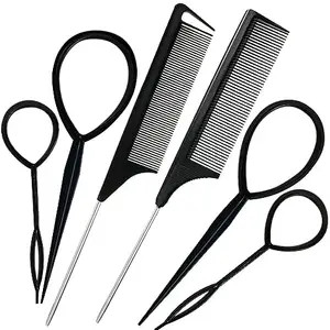Aternal Hair Tail Tool & Rat Tail Comb 6Pcs Hair Loop Styling Tools Set with 2Pcs Metal Pin Heat Resistant Rat Tail Combs, 4Pcs Pony Tail Hair Tool, Hair Flip Tool for Hair Styling, Black