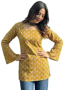ANNI Designer Women’s Viscose Blend Printed Short Kurti | Straight Fit Casual Ethnic Top | Square Neck 3/4 Sleeve Kurta Office College