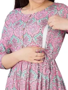 Women's Rayon All Over Printed Kurti Gown, Maternity Dress, and Feeding Dress – Comfortable and Elegant Maternity Wear for Women(Maternity Kurti)(Light-Pink-M)