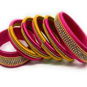 ANUSHA ENTERPRISES Handmade New Silk Thread Bangles with Pink Combination Bangles Set of 10 Bangles (Pink-Yellow)