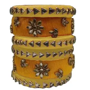 pratthipati's Silk Thread Bangles Ladies Trendy Designer Bangle Set Color (Cream-Yellow) (Set of 6) (Size-2/2)
