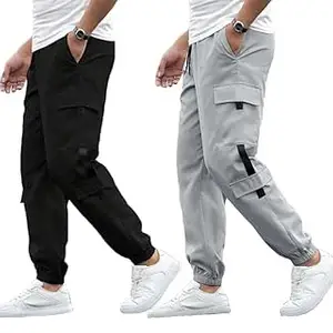RIKSAW Men's Cargo Polyester Pants for Men || Regular Fit Mid Rise Cargo Joggers Solid Pants (Pack of 2) (PCG_04 Combo)