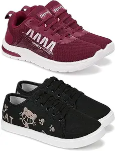 WORLD WEAR FOOTWEAR Soft Comfortable and Breathable Canvas Lace-Ups Sports Running Shoes for Women (Maroon and Black, 7) (S17368)