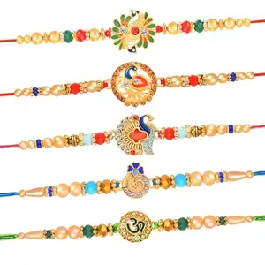 De Marquis 5 Designer Rakhi Sets | RG-04362 Pearl, Kundan, Mauli Thread Raksha sutra for Brother | Roli-Chawal | Best Wishes Greeting Card (Pack of 5 Rakhi)