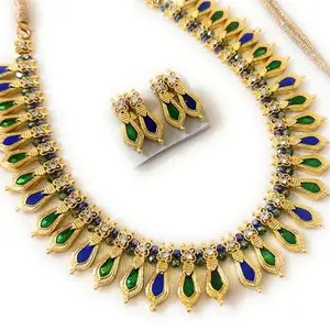 Najmcrafts Women's Kerala Traditional Palakka Necklace Set with Earring Studs/Kerala Ethnic Jewellary Set/Palakka Mala for Women/Girls (Pack of 1 Set) (Green & Blue)