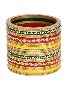 Adwitiya Collection Women Coloful Leaf Printed Pattern Stone Studded Bangles(2.6)