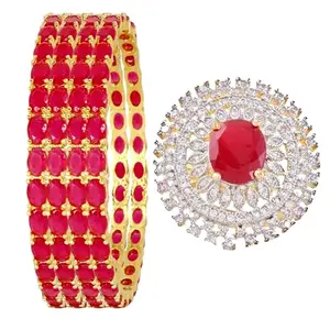 Blulune Women's Designer Brass Fascinating AD Bangle Set Size- 2.8, With Matching Ring Which are Adjustable in Size Jewellery For Girl - Red