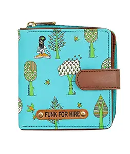 Funk For Hire Women’s Aqua Blue Printed Vegan Leather Square Wallet with 6 Card Slots, Cash Compartment, Zippered Coin Pouch, Magnetic Closure, Compact Two Fold Design, Handcrafted in India