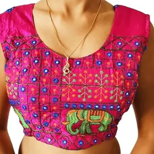 Embroidery Short Sleeve Blouse - A Fusion of Tradition and Trend (34, Rani Pink)
