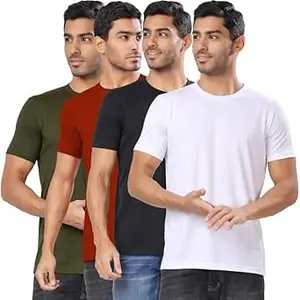Visit the London Hills Store London Hills Men's Cotton Blend Regular Fit Solid Round Neck Half Sleeve T-Shirts - Pack of 4
