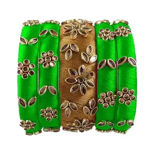 pratthipati's Silk Thread Bangles Stones Chuda Bangle Set (Gold-Light green) (Size-2/4)