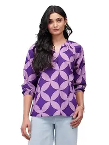 Pink Fort Women's Cotton Geometric Pleated Top - Lavender