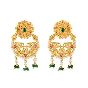 Voylla Abharan Green Stones and White Pearls Floral Earrings