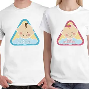 DreamBag Limit Fashion Store - Baby On Board Unisex Couple T- Shirt (Men-XL/Women-M) White