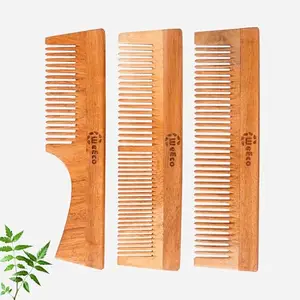Weeco Pure Neem Wooden Comb - Pack of 3 | Multi Actions - Detangling, Frizz Control, Hair Growth, Dandruff Control & Shine | Suits For All Hair Types (Handle Fine Tooth, Dual Tooth & Fine Tooth)