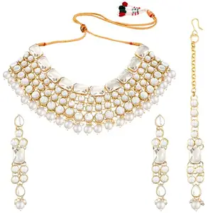 Peora Gold Plated Crystal Choker Necklace with Maang Tikka Earrings Jewellery Set for Women (White)