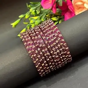 Bangle Women's Traditional designer glass zircon bangles set with rose pattern and golden stone work stylish for occasional wear(Pack of 12 Pcs)