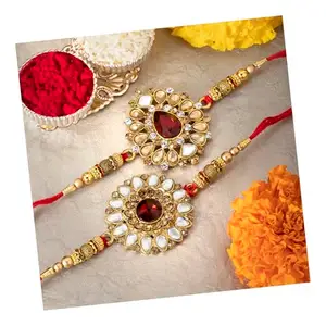 Peora Mens Rakhshabandhan Thread Rakhi for Brother Bhaiya|Red Crystal & Kundan Studded|Gold Plated|Combo Pack of 2 Rakhi|Hamper Roli Chawal & Greeting Card