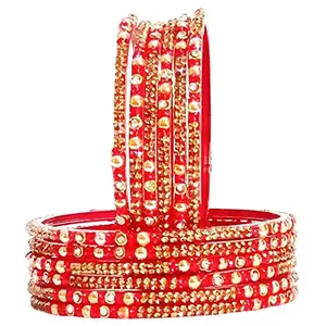 Generic Oneness (2.12 Extra Large Size) Red Colour Glass Bangles/Chudiyan Set Studded with Golden & Red Stone and Cream Colour Moti Design for Women & Girls - (Pack of 12)_Red Cream Moti_2.12