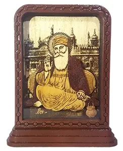 Kochartz Car Dashboard/Desktop Stand - Religious Wooden Carved/Engraved Multi Layered Guru Nanak Dev Ji (3.75" x 3") with Glass - 3D